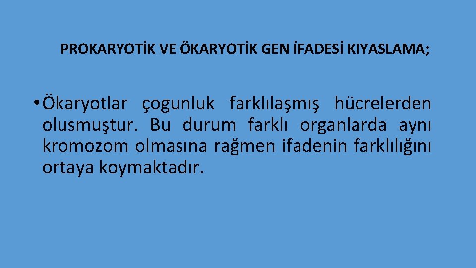 PROKARYOTİK VE ÖKARYOTİK GEN İFADESİ KIYASLAMA; • Ökaryotlar çogunluk farklılaşmış hücrelerden olusmuştur. Bu durum