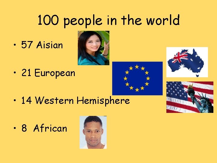 100 people in the world • 57 Aisian • 21 European • 14 Western