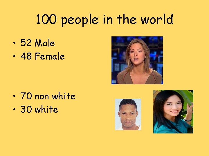 100 people in the world • 52 Male • 48 Female • 70 non