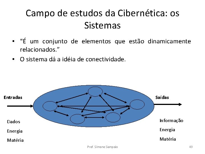 Campo de estudos da Cibernética: os Sistemas • “É um conjunto de elementos que