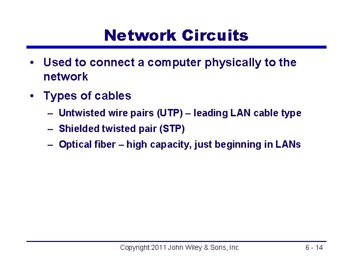 Network Circuits • Used to connect a computer physically to the network • Types