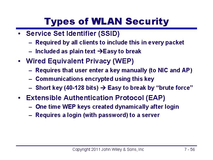 Types of WLAN Security • Service Set Identifier (SSID) – Required by all clients