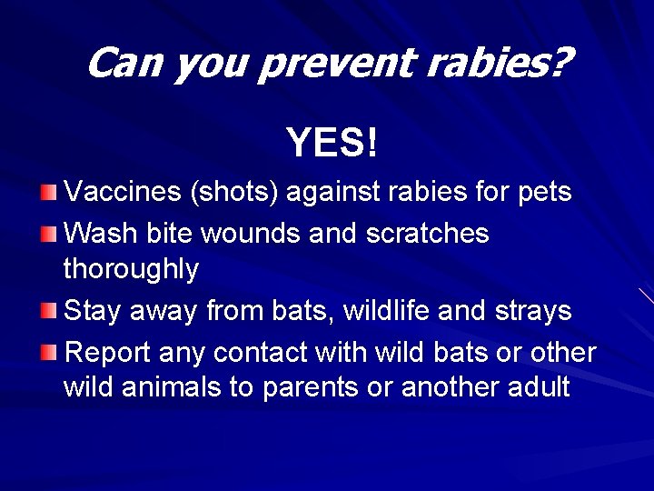 Can you prevent rabies? YES! Vaccines (shots) against rabies for pets Wash bite wounds