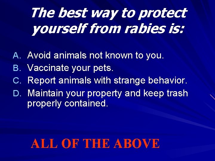 The best way to protect yourself from rabies is: A. B. C. D. Avoid