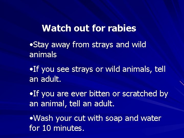 Watch out for rabies • Stay away from strays and wild animals • If