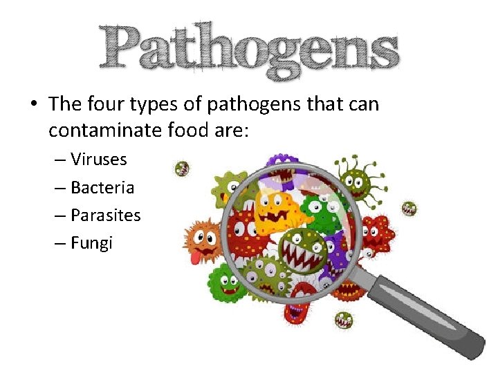  • The four types of pathogens that can contaminate food are: – Viruses