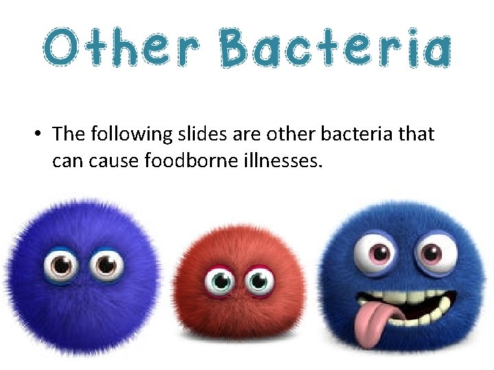  • The following slides are other bacteria that can cause foodborne illnesses. 