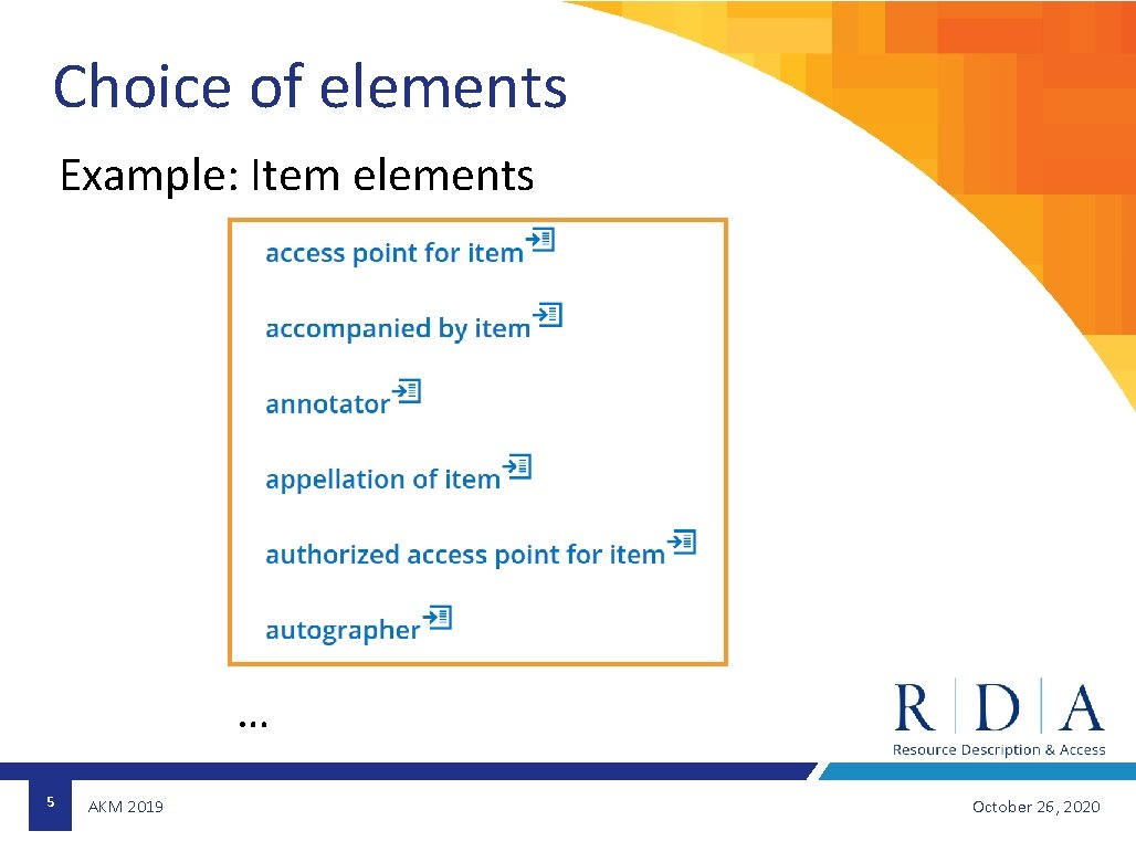 Choice of elements Example: Item elements … 5 AKM 2019 October 26, 2020 