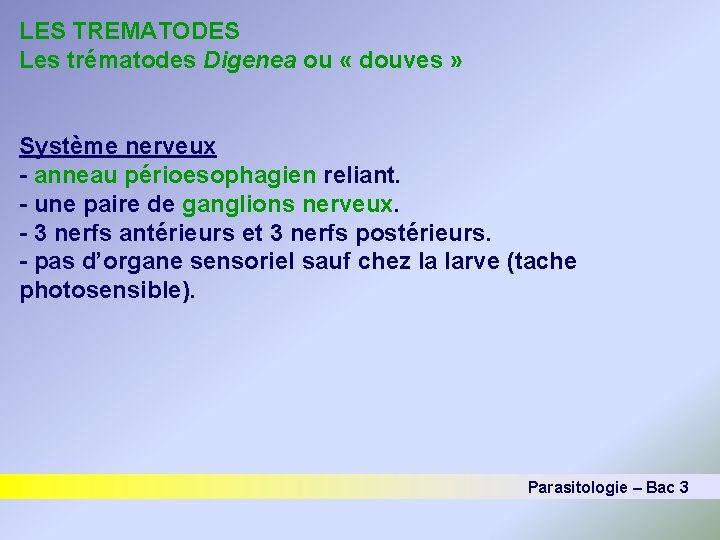 LES TREMATODES Les trématodes Digenea ou « douves » Système nerveux - anneau périoesophagien