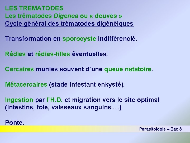 LES TREMATODES Les trématodes Digenea ou « douves » Cycle général des trématodes digénéiques