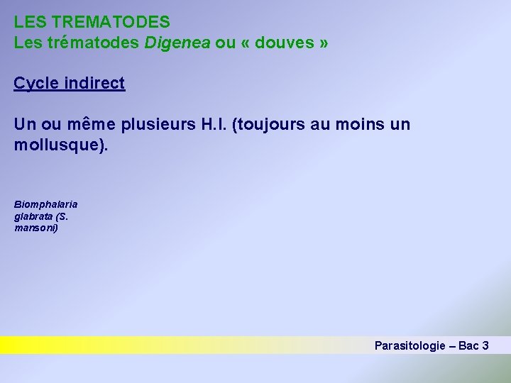 LES TREMATODES Les trématodes Digenea ou « douves » Cycle indirect Un ou même