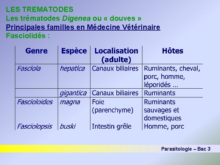 LES TREMATODES Les trématodes Digenea ou « douves » Principales familles en Médecine Vétérinaire