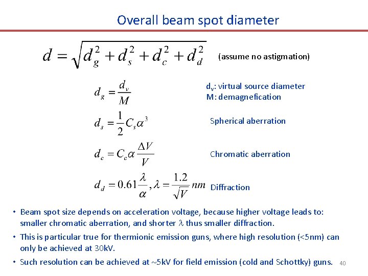 Overall beam spot diameter (assume no astigmation) dv: virtual source diameter M: demagnefication Spherical
