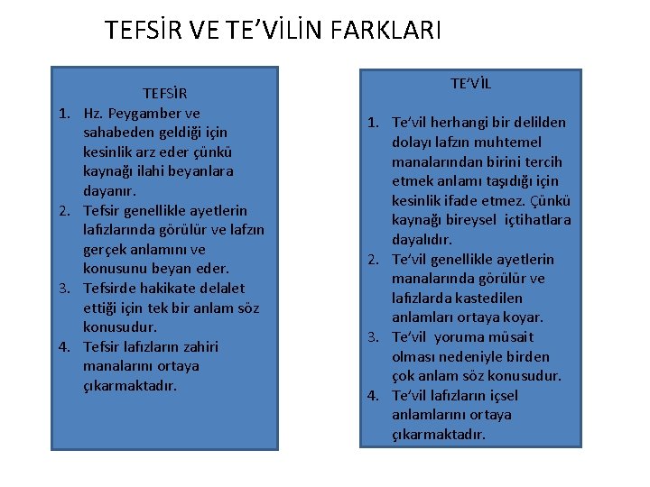 TEFSİR VE TE’VİLİN FARKLARI 1. 2. 3. 4. TEFSİR Hz. Peygamber ve sahabeden geldiği