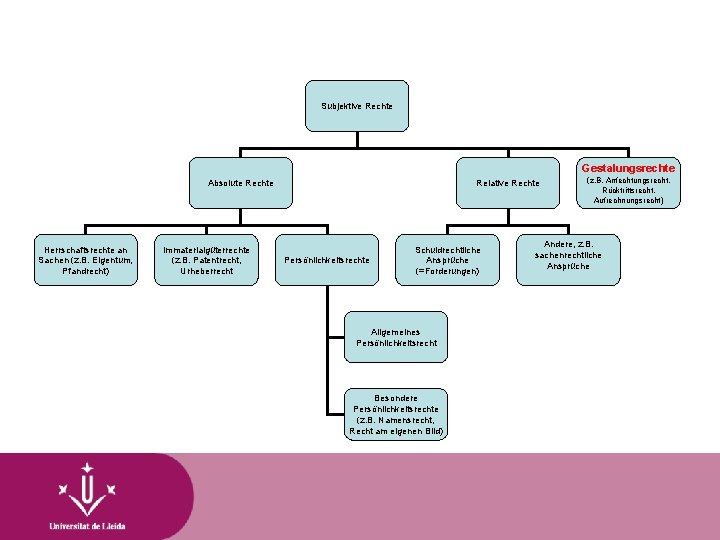Subjektive Rechte Gestalungsrechte Absolute Rechte Herrschaftsrechte an Sachen (z. B. Eigentum, Pfandrecht) Immaterialgüterrechte (z.