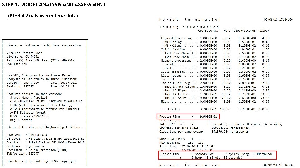 STEP 1. MODEL ANALYSIS AND ASSESSMENT (Modal Analysis run time data) 