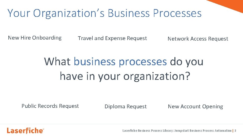 Your Organization’s Business Processes New Hire Onboarding Travel and Expense Request Network Access Request