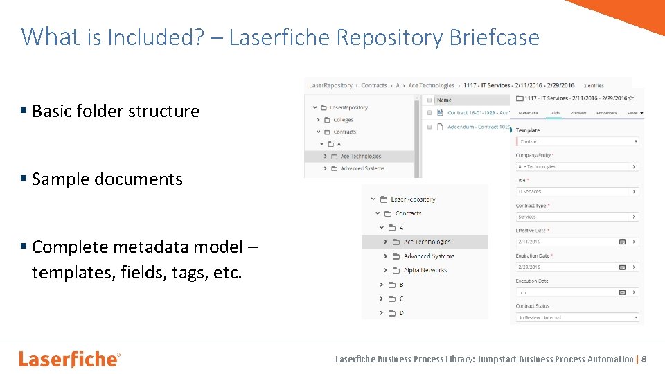 What is Included? – Laserfiche Repository Briefcase § Basic folder structure § Sample documents
