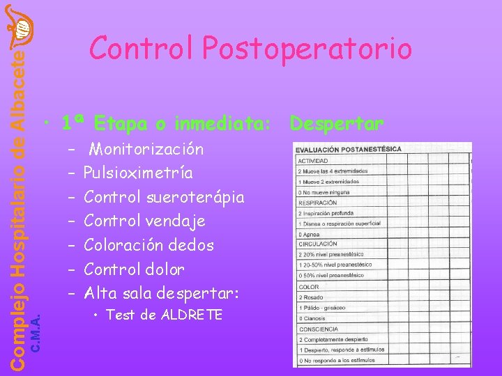 C. M. A. Complejo Hospitalario de Albacete Control Postoperatorio • 1ª Etapa o inmediata: