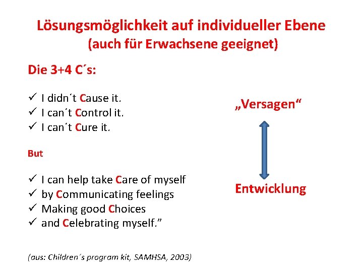 Lösungsmöglichkeit auf individueller Ebene (auch für Erwachsene geeignet) Die 3+4 C´s: ü I didn´t