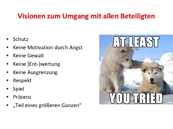 Visionen zum Umgang mit allen Beteiligten • • • Schutz Keine Motivation durch Angst