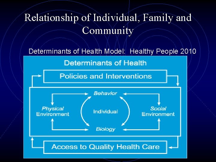 Relationship of Individual, Family and Community Determinants of Health Model: Healthy People 2010 