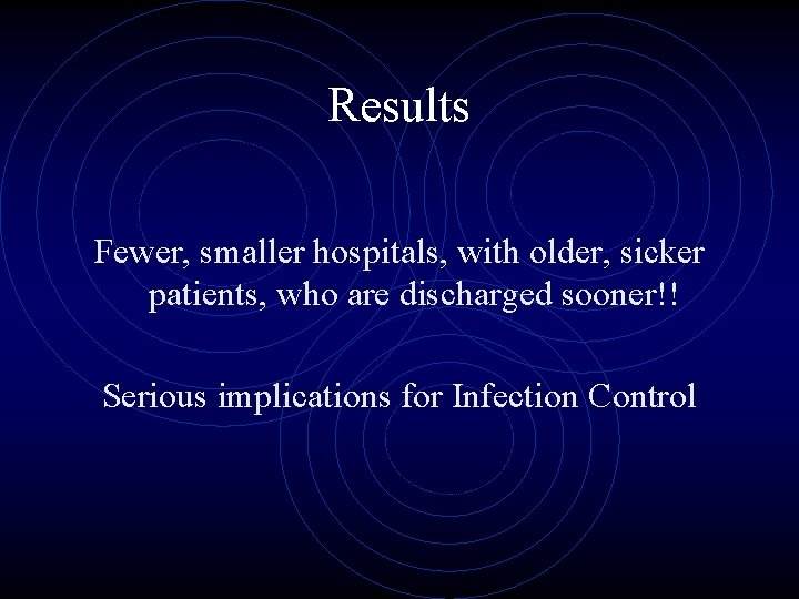 Results Fewer, smaller hospitals, with older, sicker patients, who are discharged sooner!! Serious implications