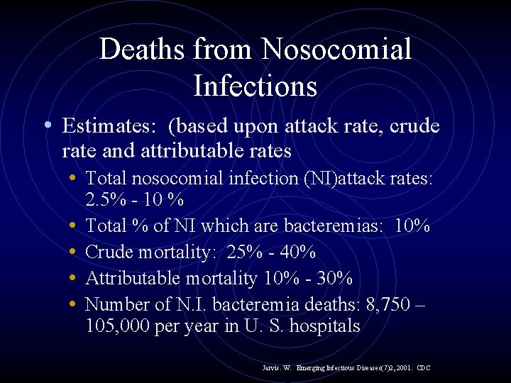 Deaths from Nosocomial Infections • Estimates: (based upon attack rate, crude rate and attributable