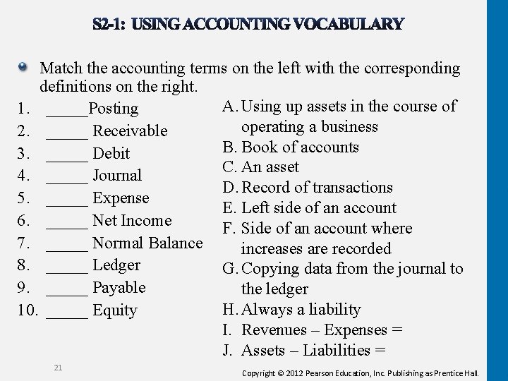 Match the accounting terms on the left with the corresponding definitions on the right.