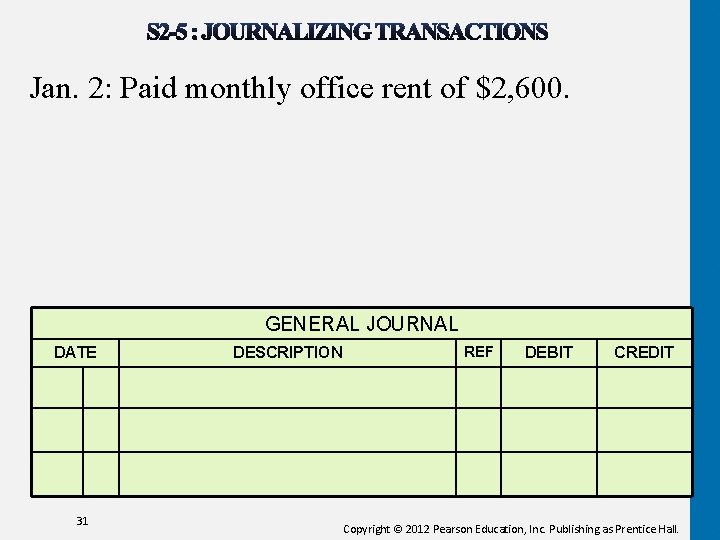 Jan. 2: Paid monthly office rent of $2, 600. GENERAL JOURNAL DATE 31 DESCRIPTION