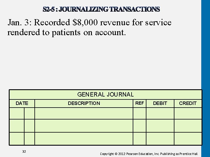 Jan. 3: Recorded $8, 000 revenue for service rendered to patients on account. GENERAL