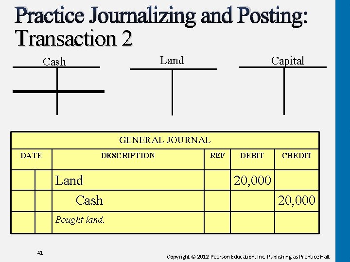 Practice Journalizing and Posting: Transaction 2 Land Cash Capital GENERAL JOURNAL DATE DESCRIPTION Land