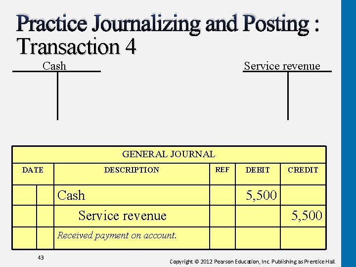 Practice Journalizing and Posting : Transaction 4 Cash Service revenue GENERAL JOURNAL DATE REF