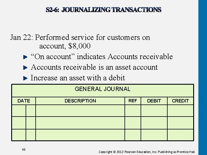 Jan 22: Performed service for customers on account, $8, 000 “On account” indicates Accounts