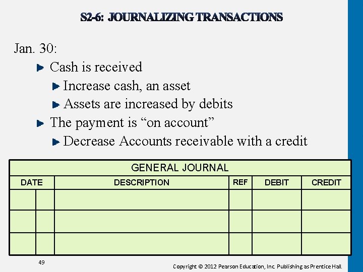 Jan. 30: Cash is received Increase cash, an asset Assets are increased by debits