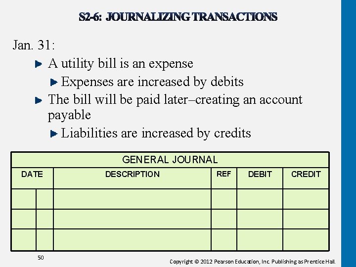 Jan. 31: A utility bill is an expense Expenses are increased by debits The