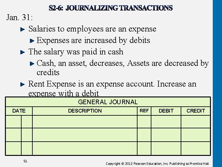 Jan. 31: Salaries to employees are an expense Expenses are increased by debits The