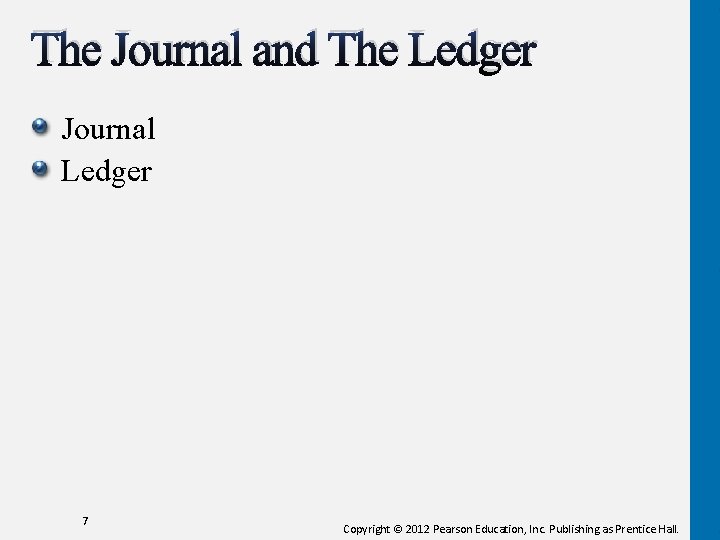 The Journal and The Ledger Journal Ledger 7 Copyright © 2012 Pearson Education, Inc.