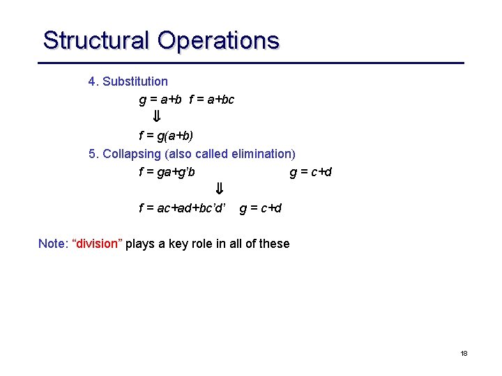 Structural Operations 4. Substitution g = a+b f = a+bc f = g(a+b) 5.