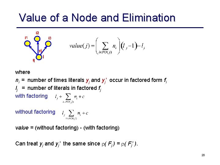 Value of a Node and Elimination where ni = number of times literals yj