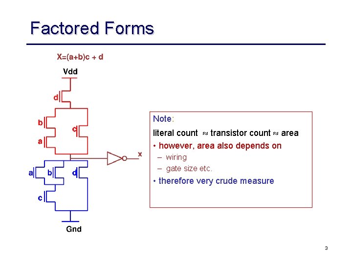 Factored Forms Note: literal count » transistor count » area • however, area also