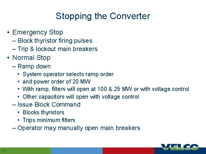 Stopping the Converter • Emergency Stop – Block thyristor firing pulses – Trip &