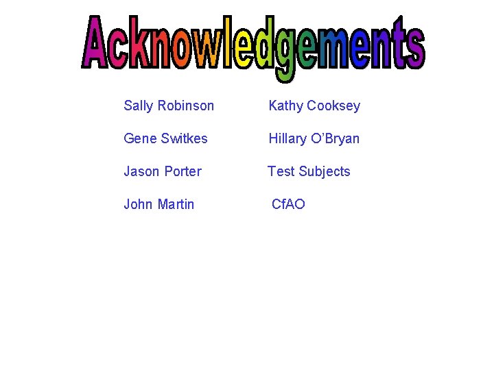 Sally Robinson Kathy Cooksey Gene Switkes Hillary O’Bryan Jason Porter Test Subjects John Martin