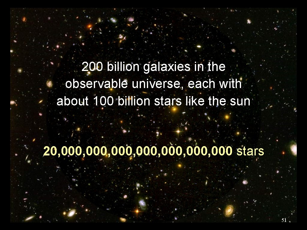 200 billion galaxies in the observable universe, each with about 100 billion stars like