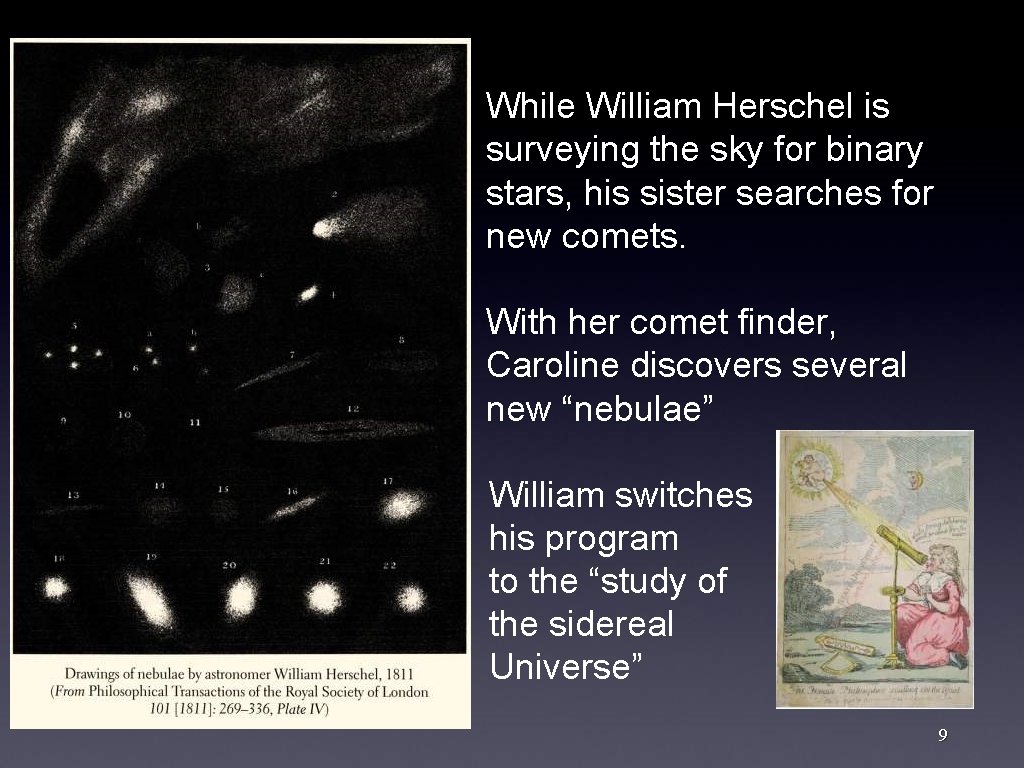 While William Herschel is surveying the sky for binary stars, his sister searches for