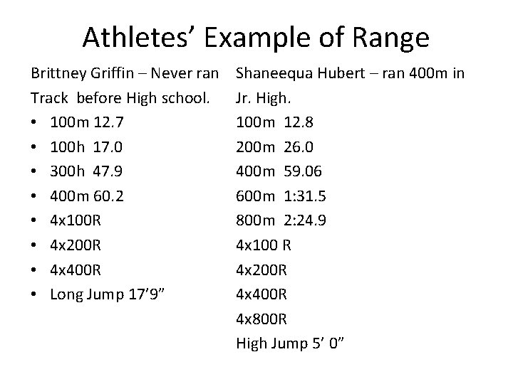 Athletes’ Example of Range Brittney Griffin – Never ran Track before High school. •