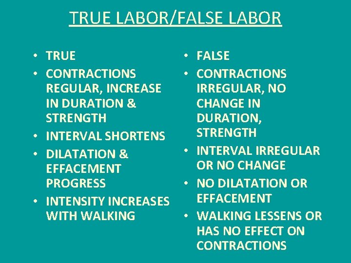 TRUE LABOR/FALSE LABOR • TRUE • CONTRACTIONS REGULAR, INCREASE IN DURATION & STRENGTH •
