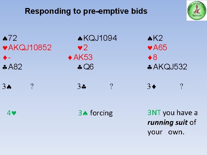 Responding to pre-emptive bids 72 AKQJ 10852 A 82 3 4 ? KQJ 1094