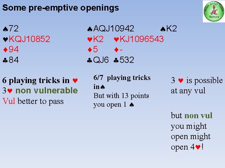 Some pre-emptive openings 72 KQJ 10852 94 84 6 playing tricks in 3 non