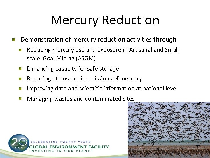 Mercury Reduction Demonstration of mercury reduction activities through Reducing mercury use and exposure in